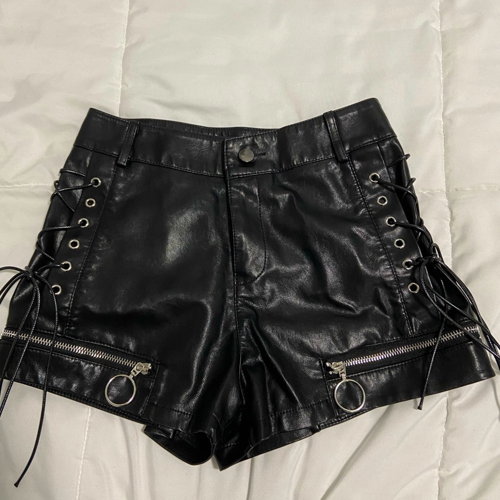 Black Faux Leather Lace Up Zipper Shorts